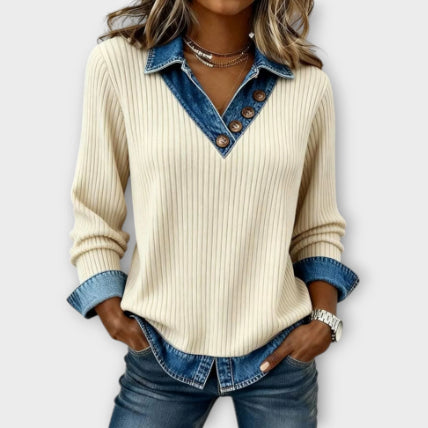 Womens Denim-Trim Patchwork Mock Two-Piece V-Neck Long-Sleeve Casual Top
