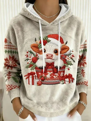 Womens Flannel Christmas Crew-Neck Long-Sleeve Top