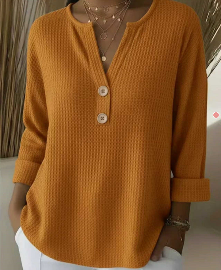 Womens Loose-fit Waffle-knit Long-sleeve V-neck Top