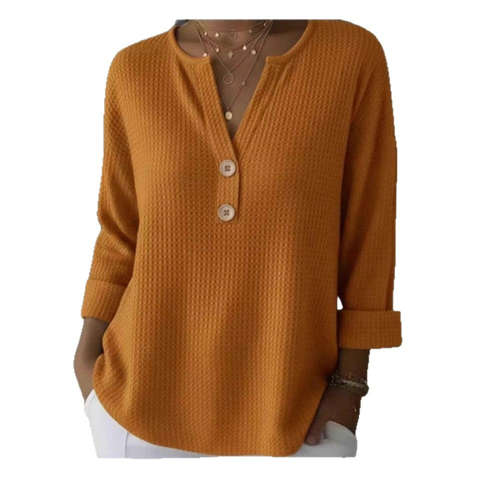 Womens Loose-fit Waffle-knit Long-sleeve V-neck Top