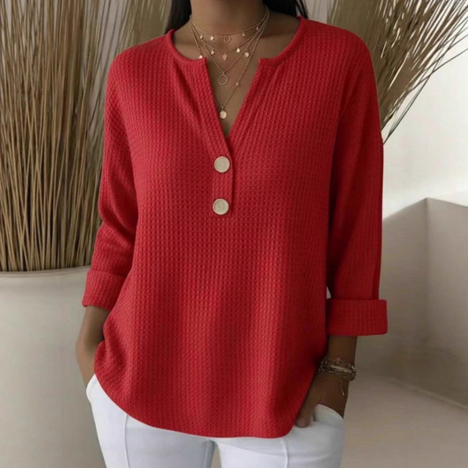 Womens Loose-fit Waffle-knit Long-sleeve V-neck Top