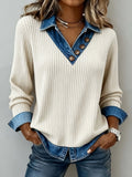 Womens Denim-Trim Patchwork Mock Two-Piece V-Neck Long-Sleeve Casual Top