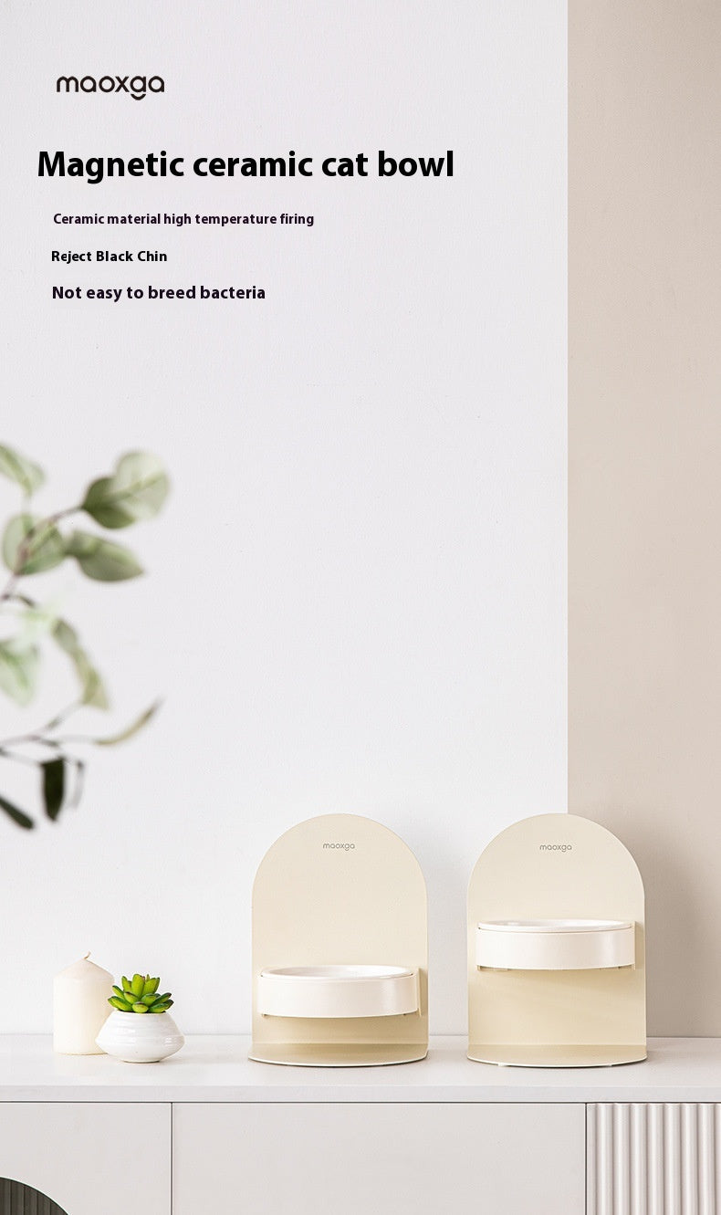 Pet Ceramic Cat Bowl With High Foot And Slanted Mouth For Cervical Protection