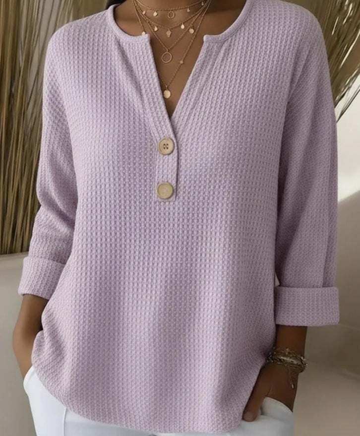 Womens Loose-fit Waffle-knit Long-sleeve V-neck Top