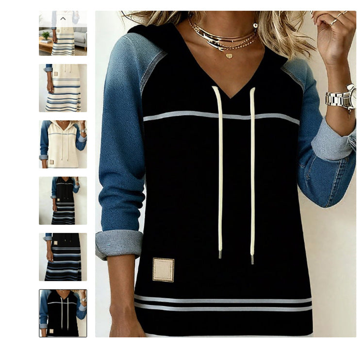 Womens Color-Block Denim Hoodie