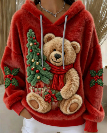 Womens Flannel Christmas Crew-Neck Long-Sleeve Top